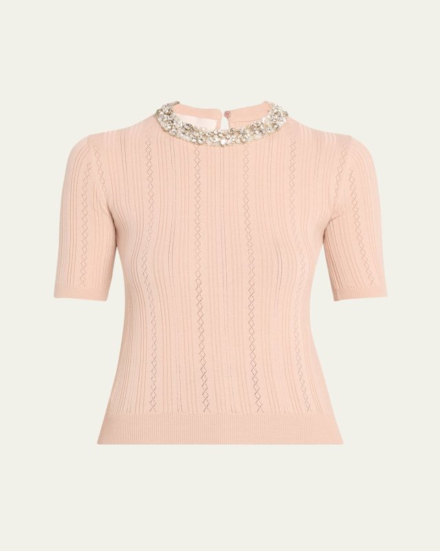 Crystal Collar Pointelle Knit Short-Sleeve Sweater